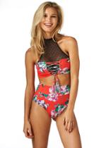 Montce Swim - Red Floral Corsette X Black Dot Mesh Halter X High Rise Bottom Bikini Set