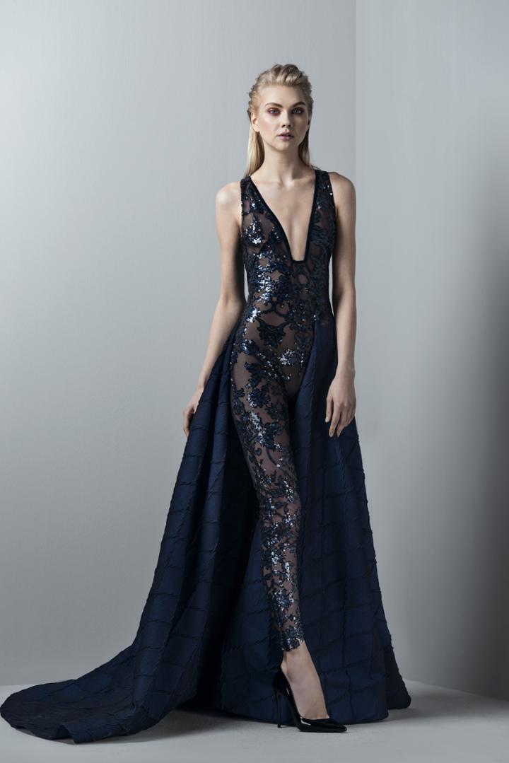 Saiid Kobeisy - 3392 Deep V-neck Sequined Jumpsuit With Overskirt