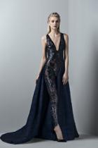 Saiid Kobeisy - 3392 Deep V-neck Sequined Jumpsuit With Overskirt