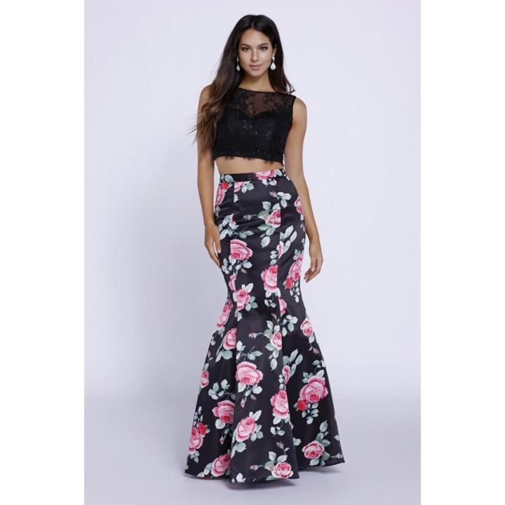 Sleeveless Lace Black Crop Top And Floral Printed Semi-mermaid Skirt Prom Dress