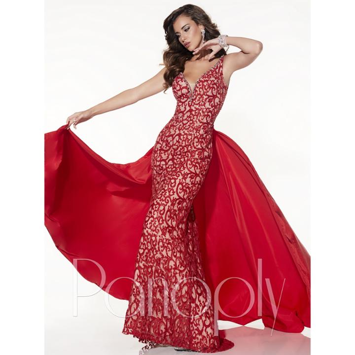 Panoply - Embroidered V-neck Taffeta Trumpet Dress 44305