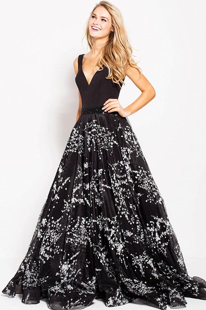 Jovani - 58912 V Neck Floral Print Beaded Satin Prom Gown