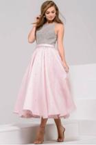 Jovani - Crystal Embellished Bateau Tea Length Dress 48103