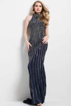 Jovani - High Halter Stripe Ornate Gown 55999