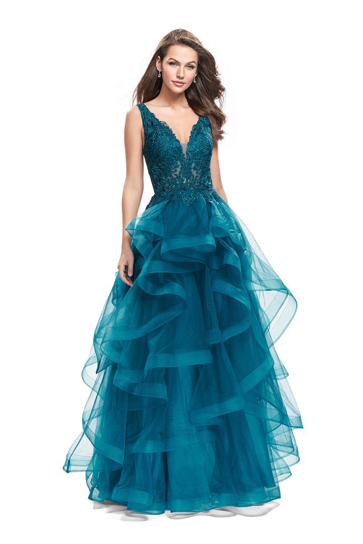 La Femme Gigi - 25982 Deep V-neck Ruffle Tulle A-line Gown