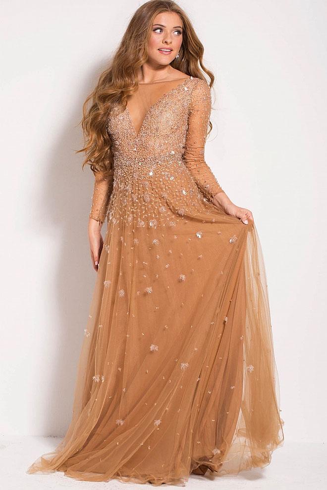 Jovani - 48928 Long Sleeve Embellished Tulle Prom Gown