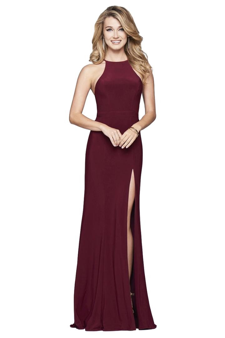 Faviana - Long Jersey Halter Dress With Open Back In Wine 7976
