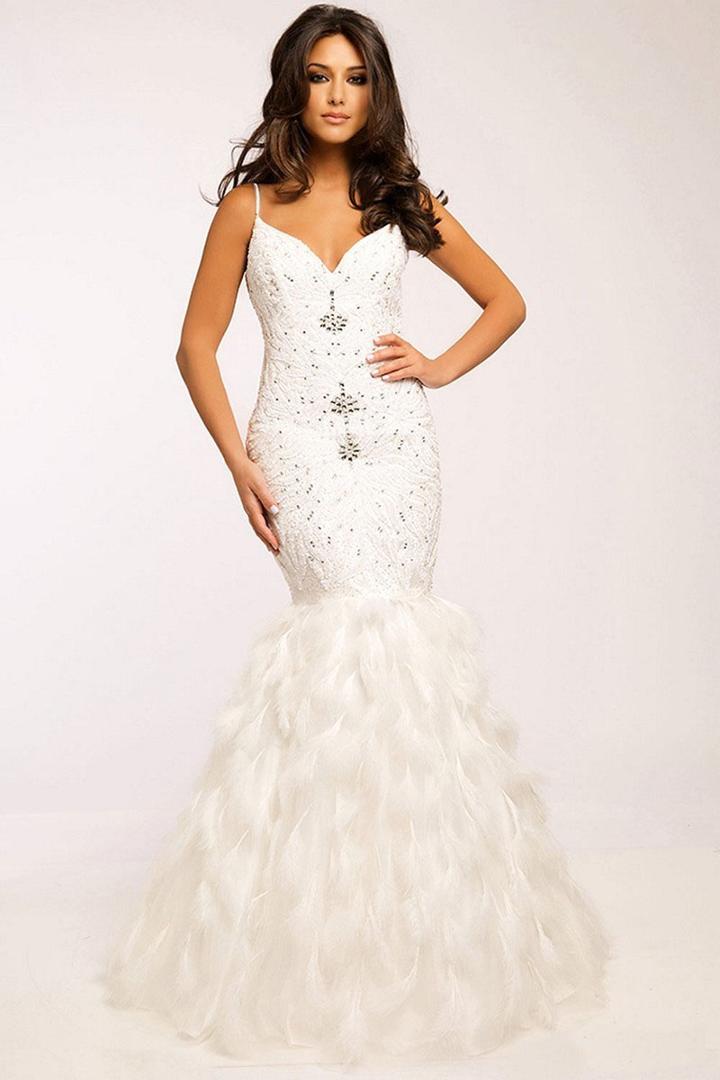 Jovani - 24435 Beaded V-neck Feathered Trumpet Dress