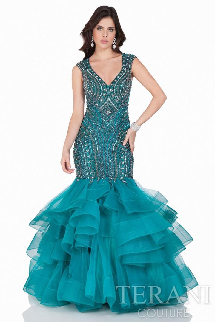 Terani Evening - Ostentatious V-neck Ruffled Mermaid Gown 1622gl1990