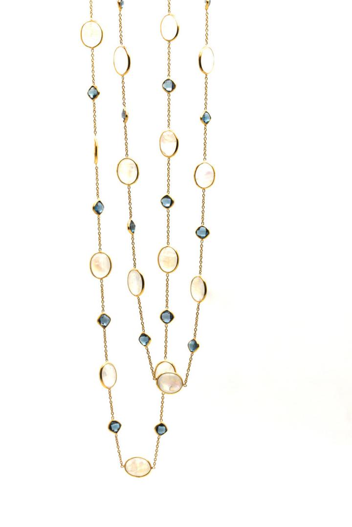 Tresor Collection - Rainbow Moonstone & London Blue Topaz Long Necklace In 18k Yellow Gold