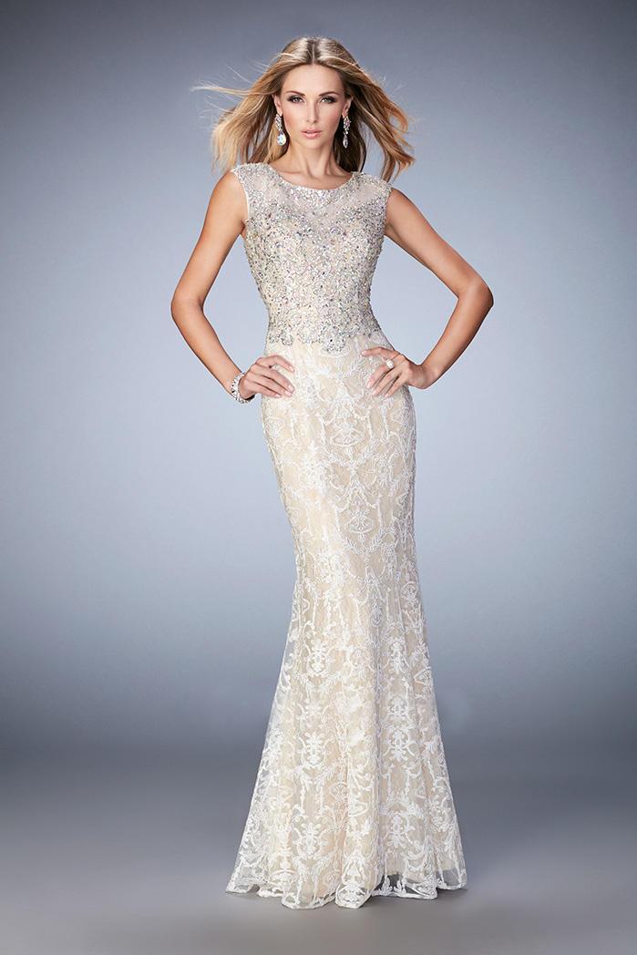 Gigi - 22934 Cap Sleeve Lace Embellished Evening Gown