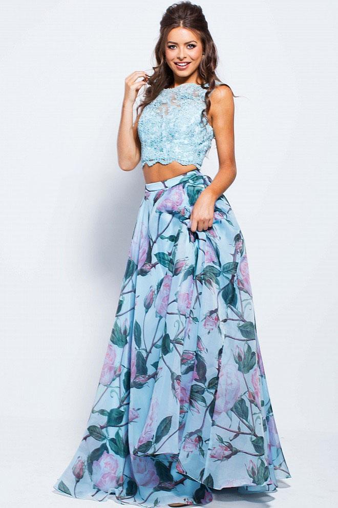 Jovani - Jvn48844 Two-piece Bateau Neck Floral Print Gown