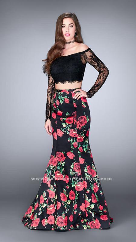 La Femme - Sultry Off The Shoulder Laced Two-piece Floral Mermaid Dress 24522