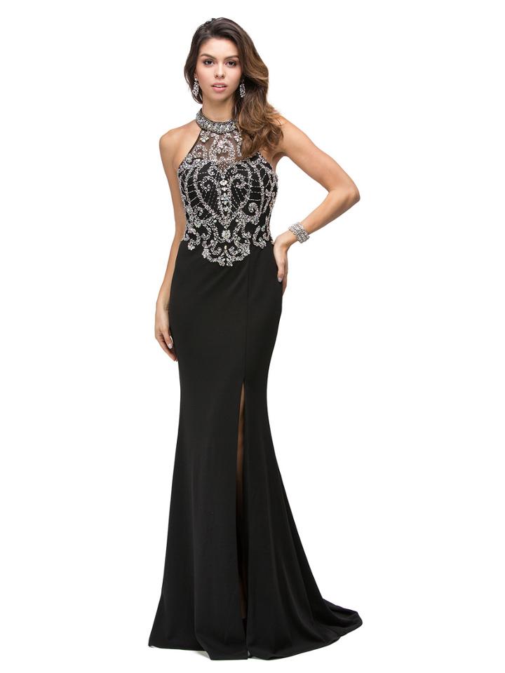Halter Neck Illusion Beaded Bodice Prom Dress