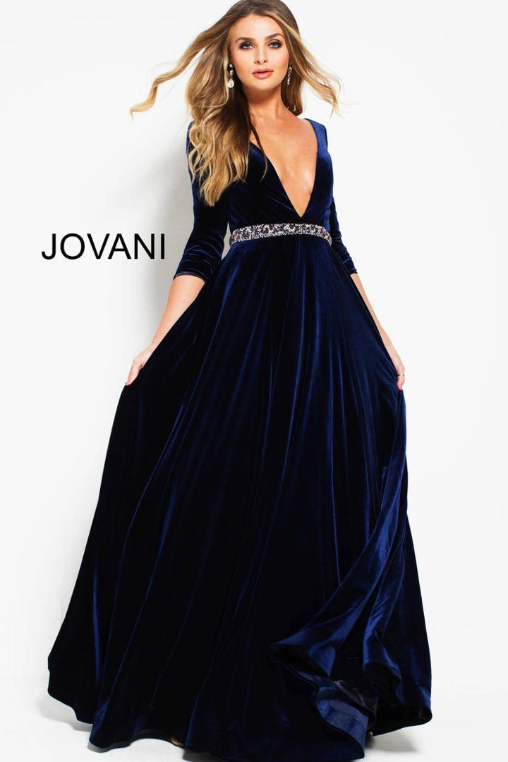 Jovani - 49769 Plunging V-neck Embellished Velvet A-line Gown