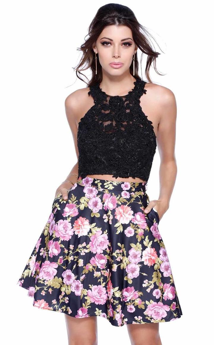 Shail K - Two Piece Lace Floral Skirt With Criss Cross Back 4023
