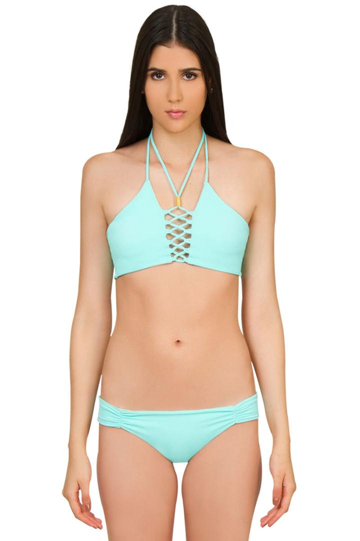 Caffe Swimwear - Crossing String Top/ruching Bottom In Mint