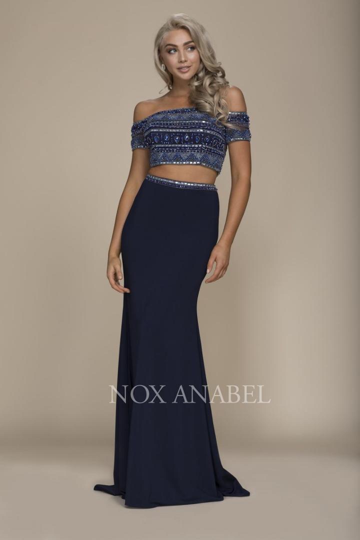 Nox Anabel - C082 Beaded Two Piece Off-shoulder Evening Dress