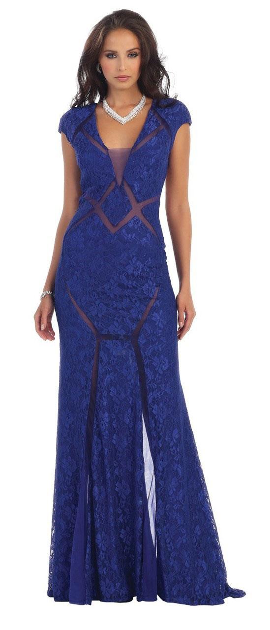 May Queen - Plunging V-neck With Illusion Cutout Lace Dress Mq1211