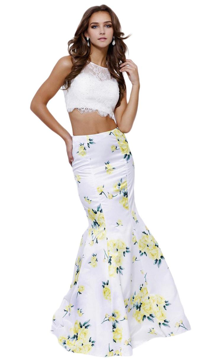 Nox Anabel - Two Piece Laced Jewel Floral Trumpet Gown 8208