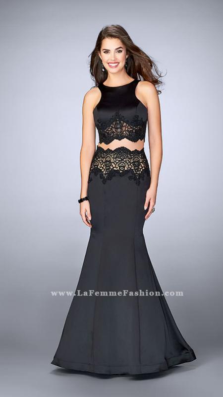 La Femme - Gorgeous Bateau Lace Trimmed Trumpet Evening Gown 24083