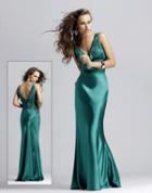 Blush - 9070 Embellished Ruched Deep V-neck Sheath Dress