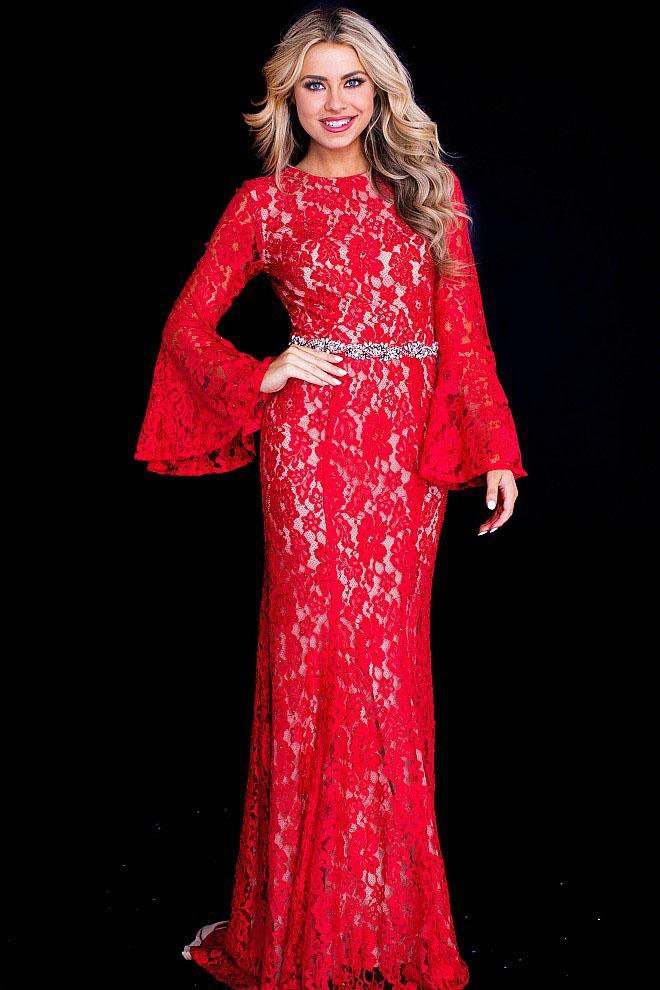 Jovani - Jvn58144 Long Bell Sleeve Embellished Lace Gown