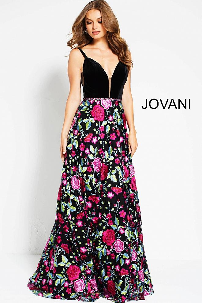 Jovani - 55361 Deep V-neck Embroidered A-line Gown