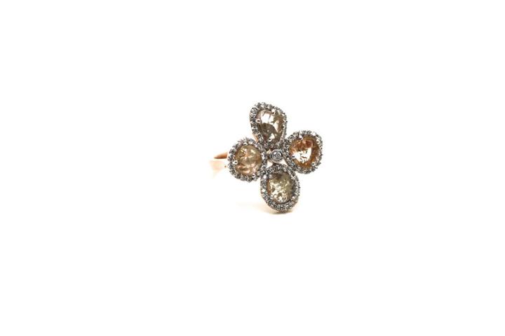 Tresor Collection - Organic Diamond Flower Ring With White Diamond Pave Frame Set In 18k Rose Gold