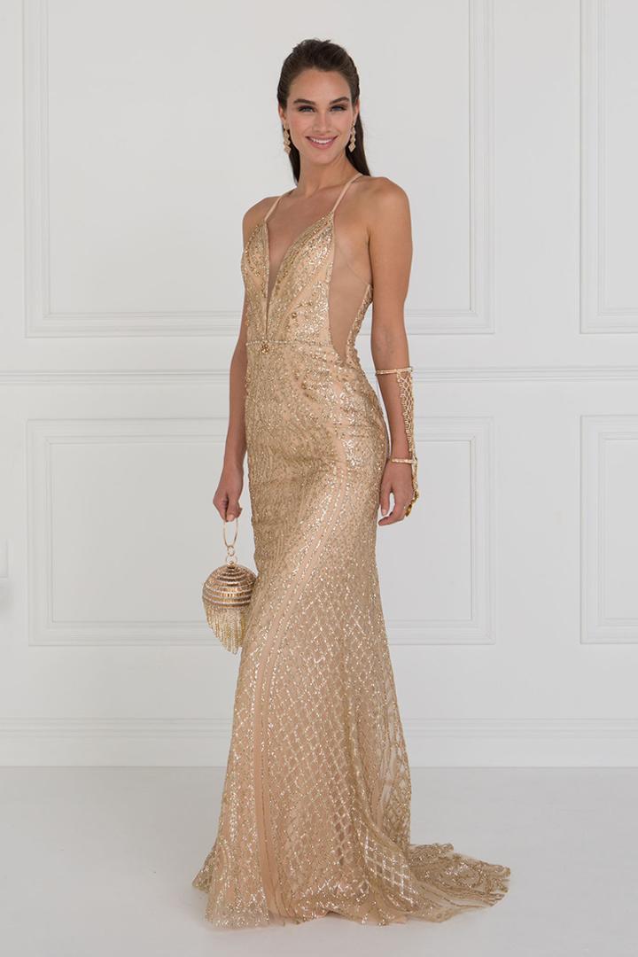 Elizabeth K - Gl1546 Embellished Deep V-neck Sheath Dress