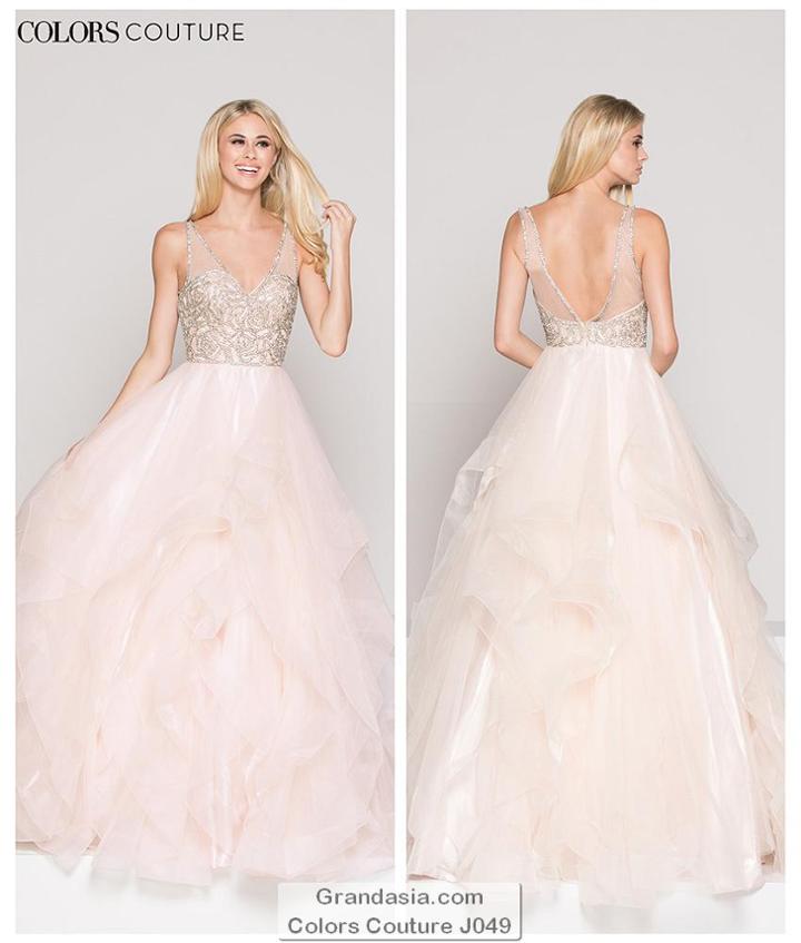 Colors Couture - J049 Beaded V Neck Ruffled Ballgown