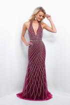 Blush - 11389 Silver Beaded Plunging Evening Gown