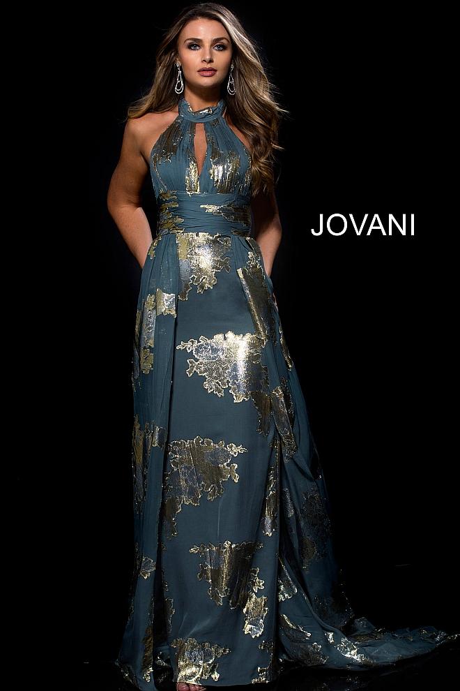 Jovani - 54852 Halter Neck Metallic Print Gown With Overskirt