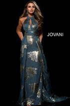 Jovani - 54852 Halter Neck Metallic Print Gown With Overskirt