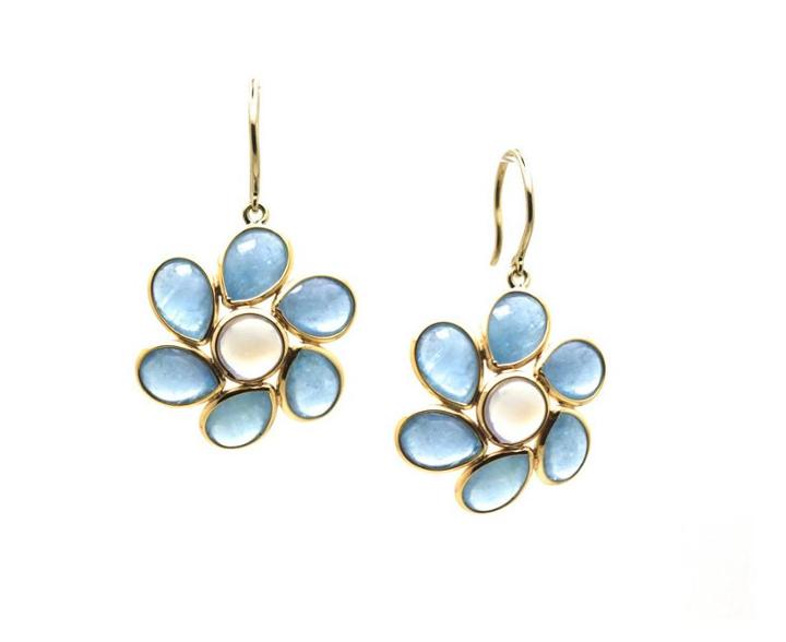 Tresor Collection - Aquamarine And Rainbow Moonstone Flower Earrings In 18k Yellow Gold