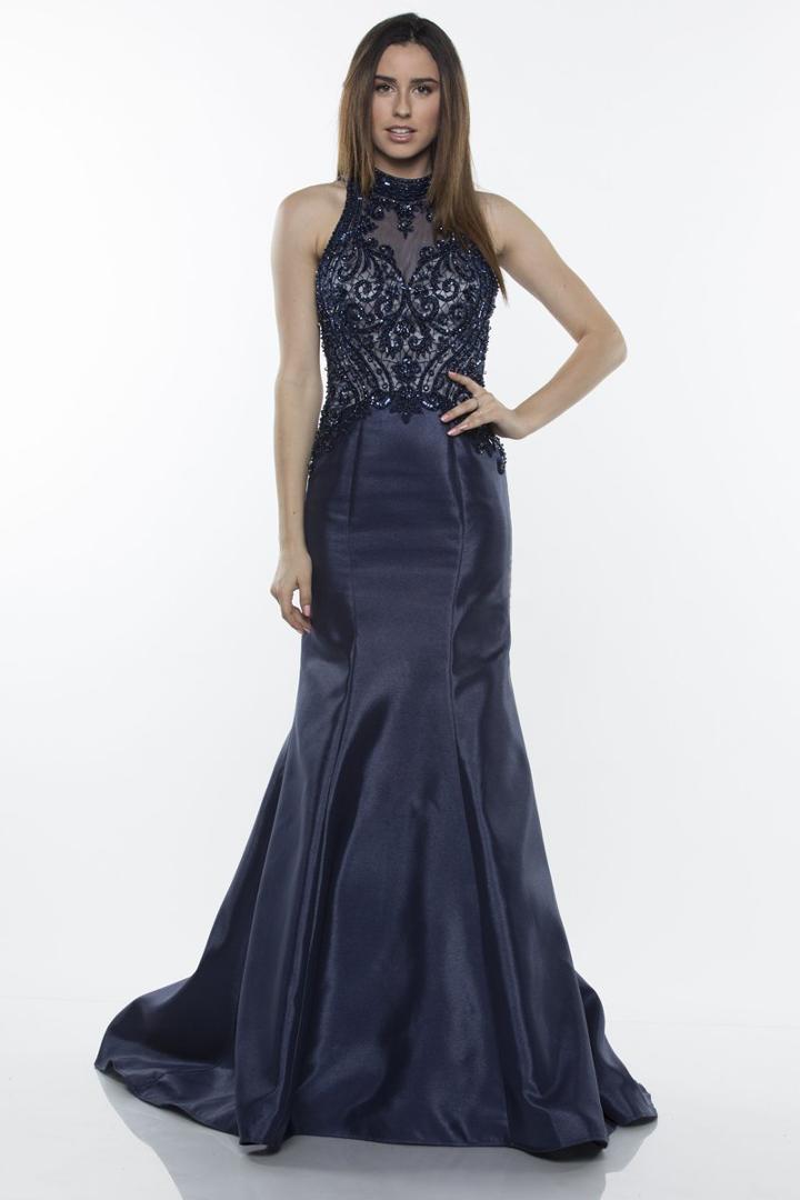 Milano Formals - E2426 Beaded High Neck Mikado Mermaid Gown