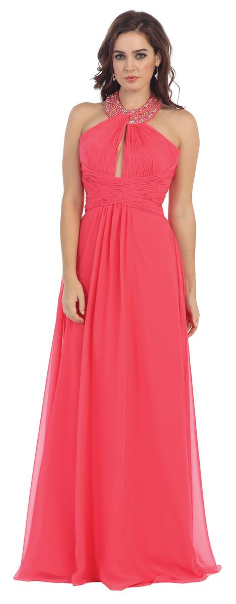 May Queen - Shirred Cutout Halter A-line Long Dress Mq1030
