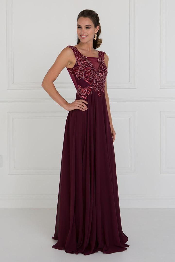 Elizabeth K - Gl1566 Beaded Square Neck Chiffon A-line Dress