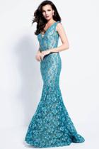 Jovani - 57046 Plunging Scalloped Lace Trumpet Gown