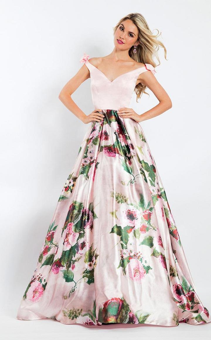 Rachel Allan - 6061 Off-shoulder Floral Print Satin Gown