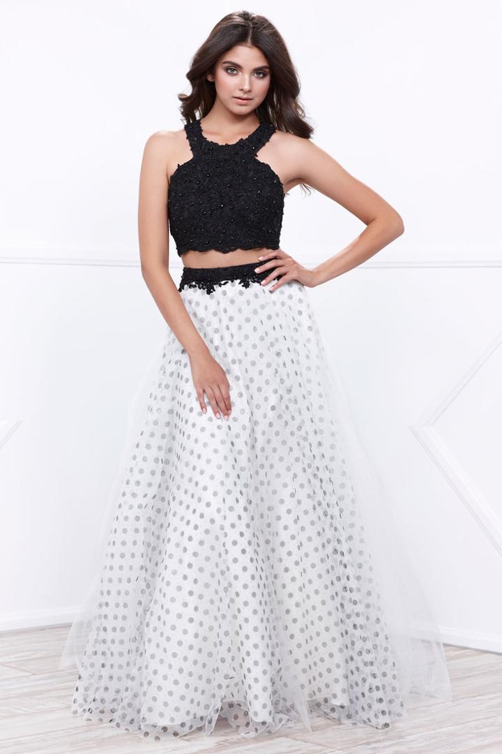 Nox Anabel - Two-piece Contrast Lace Crop Top Long Dress With Polka Dot Printed Skirt And Bead Embellishments 8309