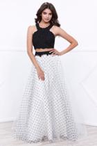 Nox Anabel - Two-piece Contrast Lace Crop Top Long Dress With Polka Dot Printed Skirt And Bead Embellishments 8309