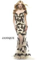 Janique - 1344 Long Gown With Embroidered Lace In White Black