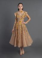 Mnm Couture - 2401a Floral Embroidered Long Sleeve Tea Length Dress