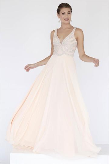 Jolene Collection - 18005 Beaded V-neck Fitted Chiffon Dress