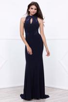 Nox Anabel - Lace Halter Illusion Long Evening Gown With Floral Embroidery And Beadwork On Bodice 8278