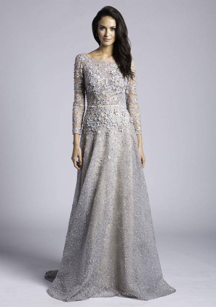 Lara Dresses - 29977 Long Sleeve Bateau Illusion Floral Applique Gown