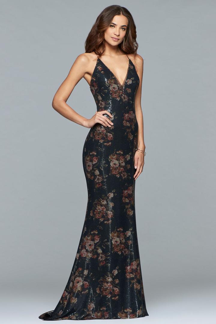 Faviana - S10048 Full-length Floral Print Sequined Gown
