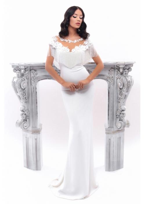 Tarik Ediz - 93345 Floral Applique Fringe Cape Sheath Dress
