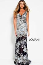 Jovani - 50842 Floral Embroidered Deep V-neck Sheath Dress